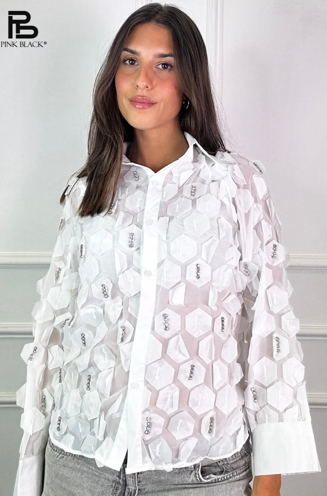 Yelana Embellished Hexagon Shirt-Top-Secret Closet